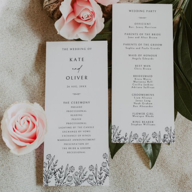 Programa de Casamento Negro e Branco Floral Modern (Criador carregado)
