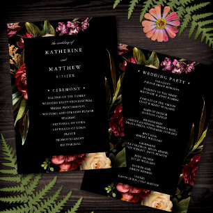Programa de Casamento Negro Floral Elegante Escuro