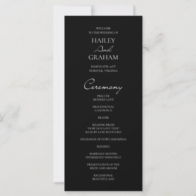 Programa de Casamento Negro Minimalista de Script  (Frente)