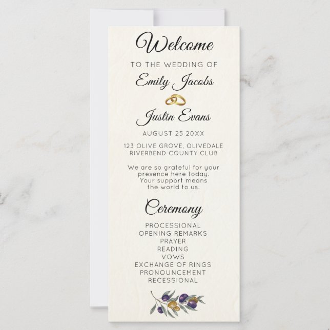 Programa de Casamento Oleícola Elegant Watercolor (Frente)