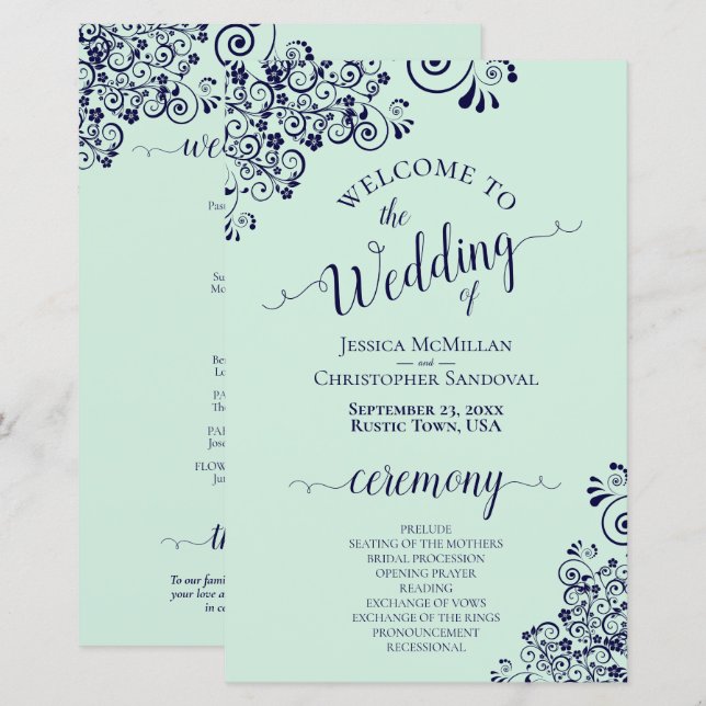 Programa de Casamento ORÇAMENTO Azul Marinho & Ver (Frente/Verso)