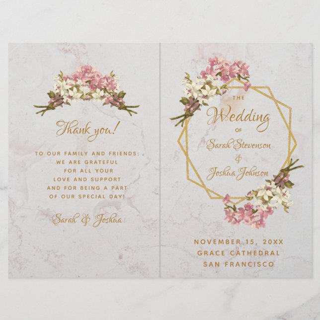 Programa de Casamento Orquídeas Rosa Dourado Mármo (Frente)