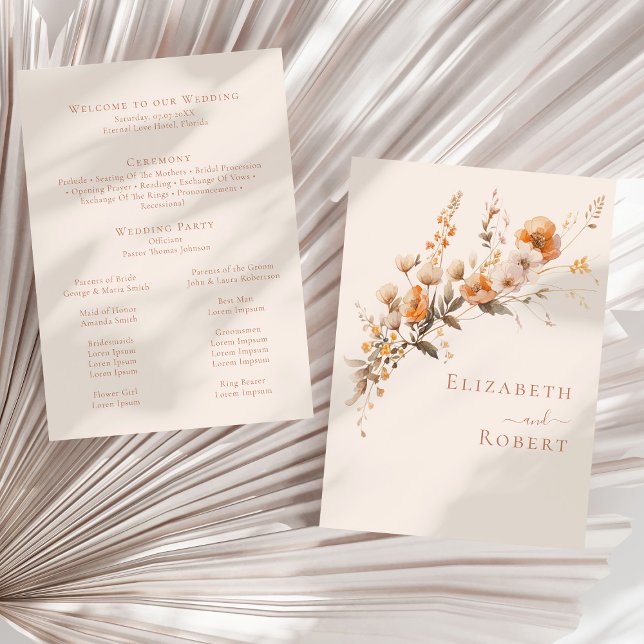 Programa de Casamento outono Boho Terracotta (Boho Terracotta Wildflowers Fall Wedding Program (front and back) on a sunny neutral dry palm leaf)