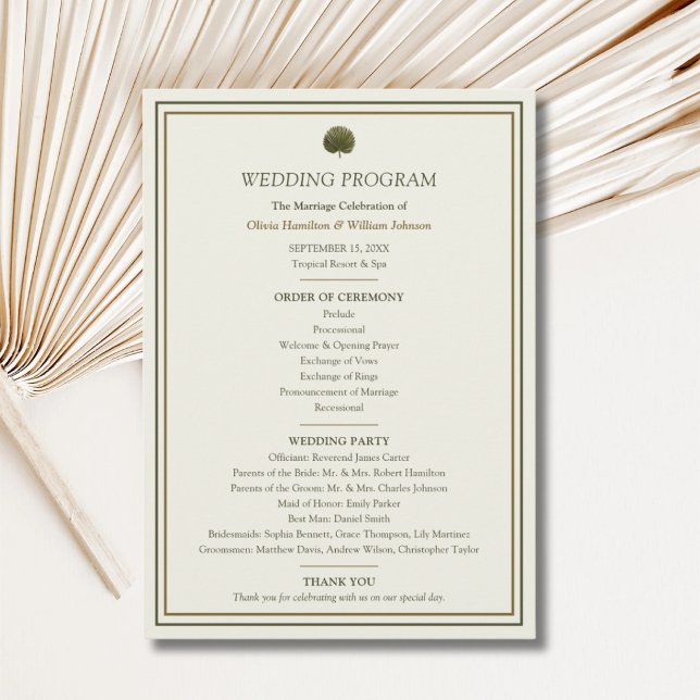 Programa de Casamento Palmeira Marfim e Dourado (Ivory & Gold Palm wedding program with personalized ceremony order and wedding party details)
