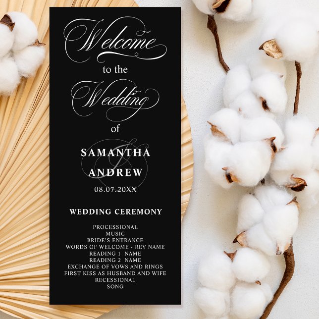 Programa de casamento para caligrafia negra branca (Elegant black white calligraphy wedding program)
