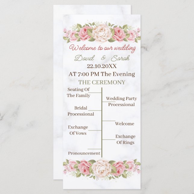 Programa de Casamento Personalizado de Flor de Ros (Frente/Verso)