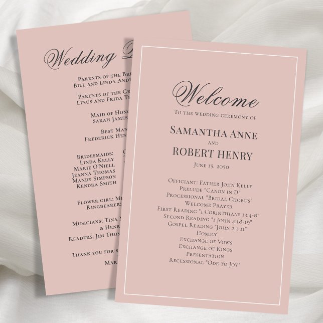 Programa de Casamento Personalizado de Script Rosa (Blush pink wedding ceremony program.)