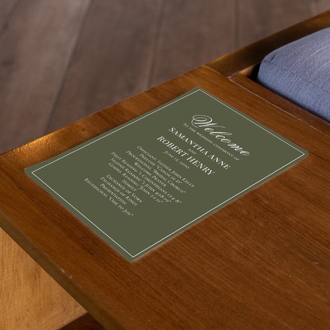 Programa de Casamento Personalizado de Script Verd (Elegant olive green wedding ceremony program.)