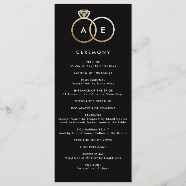 Programa de Casamento Personalizado Preto dos Anéi (Frente)