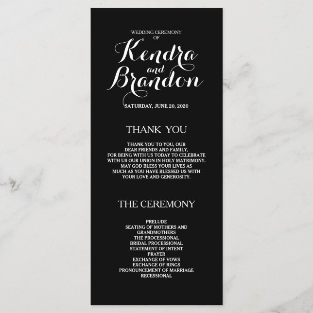 Programa de Casamento Personalizado Preto Simples  (Frente)