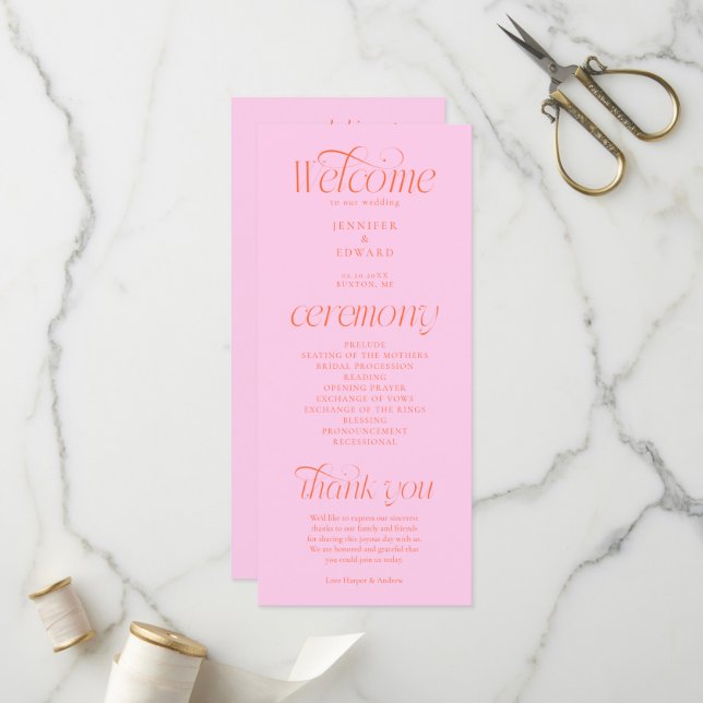 Programa de Casamento Pink Laranja Tipografia Mode (Frente/Verso In Situ)
