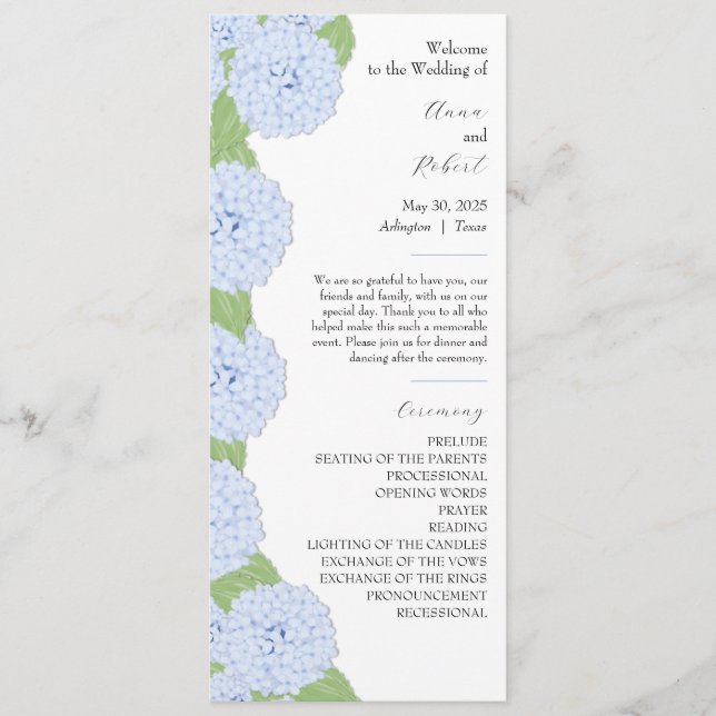 Programa de Casamento por Aquarela Azul Hydrangea (Frente)