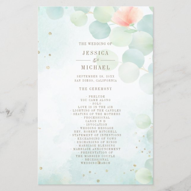 Programa de Casamento por Aquarela Eucalyptus Mono (Frente)