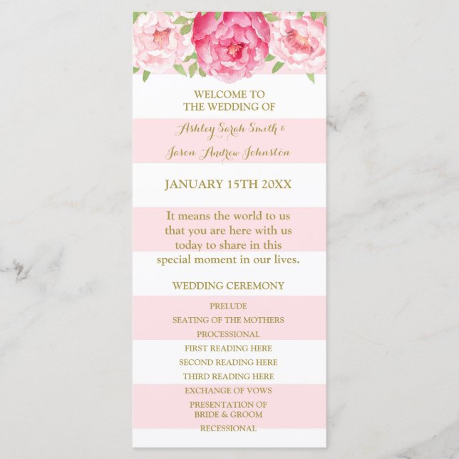 Programa de Casamento por Aquarela Rosa-Stripes (Frente)