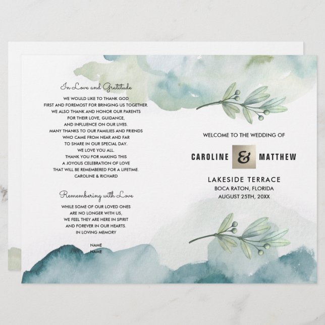 Programa de Casamento por Aquarela Verde Azul Berr (Frente/Verso)
