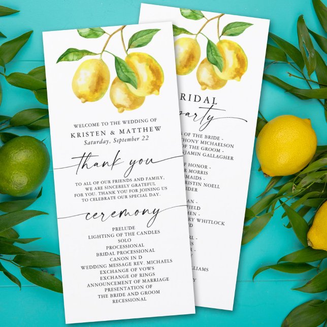 Programa de Casamento por Aquarelas de Lemon Citru (A refreshing and fun way to guide your guests through your special day with a touch of citrus lemon.)