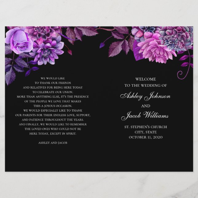 Programa de casamento preto dobrado. Flores roxas (Frente)