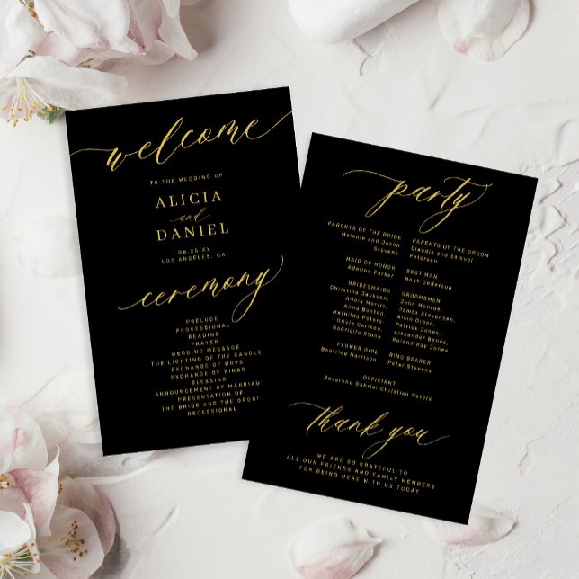 Programa de casamento preto dourado romântico orça (Criador carregado)