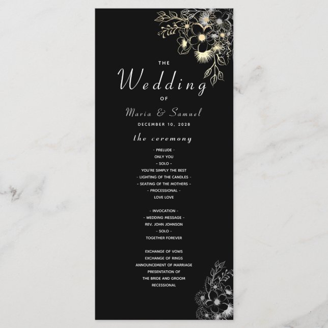 Programa de Casamento Preto e Dourado Elegante (Frente)