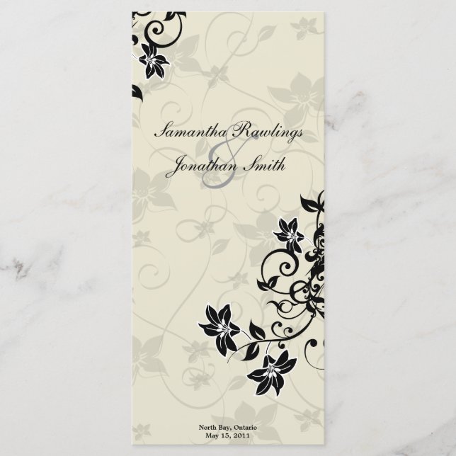 Programa de Casamento - Preto Elegante e Floral de (Frente)