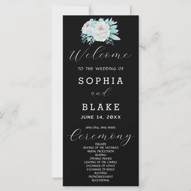 Programa de Casamento Preto Floral Branco Romântic (Frente)