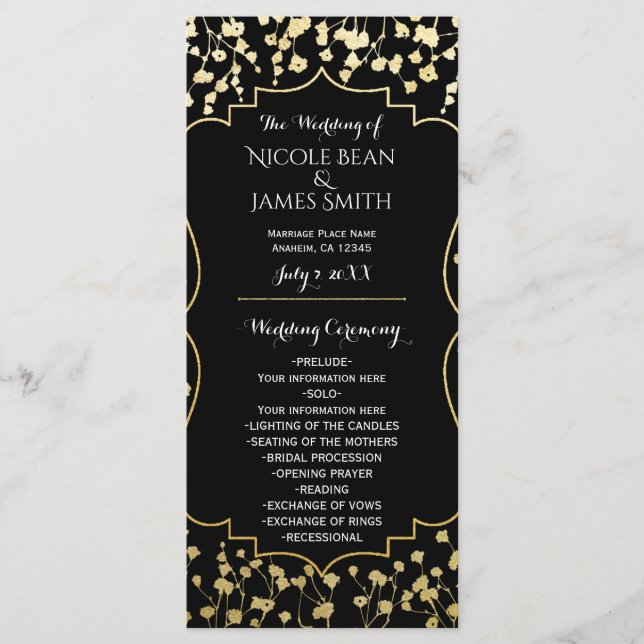 Programa de Casamento Preto Floral com Respiração  (Frente)