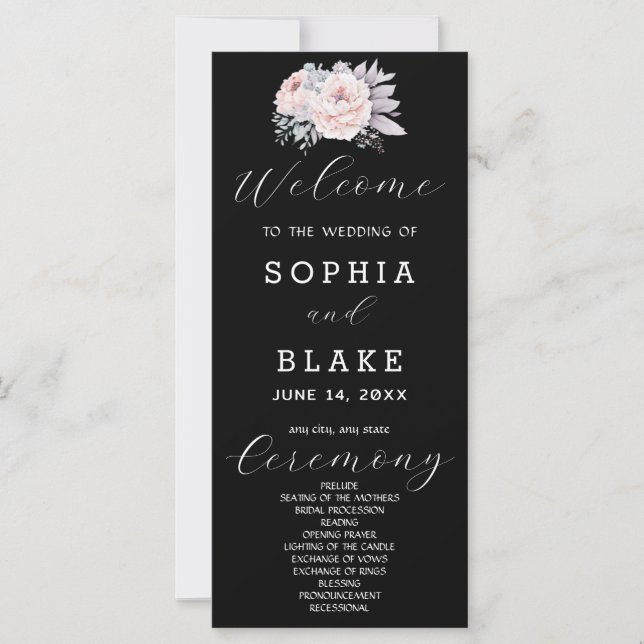 Programa de Casamento Preto Floral Rosa Romântico (Frente)