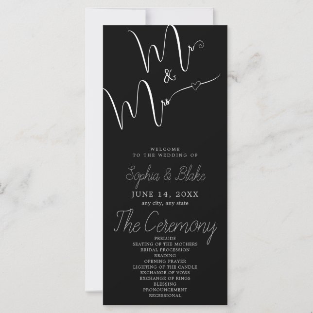 Programa de Casamento Preto Minimalista Sr e Sra (Frente)