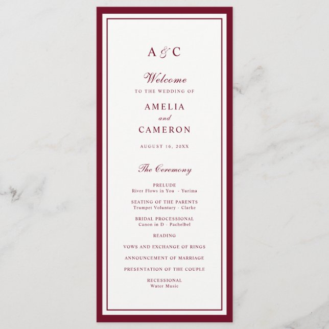 Programa de Casamento Quadro Burgundy Clássico Ele (Frente)
