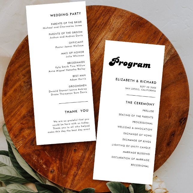 Programa de Casamento Retro com Estilo Preto e Bra (Stylish retro black and white wedding program adds timeless charm while guiding your ceremony flow)