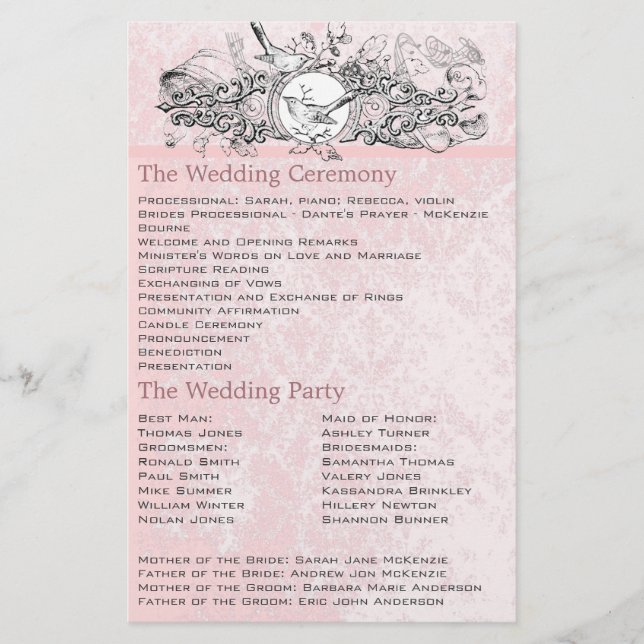 Programa de Casamento Rolo Musical Rosa Pássaros V (Frente)