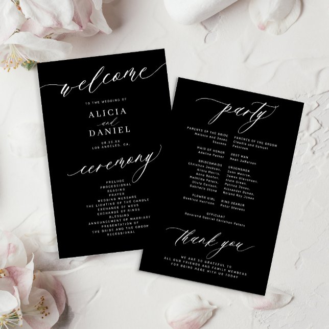 Programa de casamento romântico branco e preto eco (Criador carregado)
