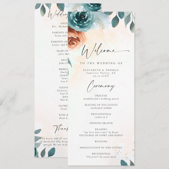 Programa de Casamento Romântico de Outono em Teal  (Frente/Verso)