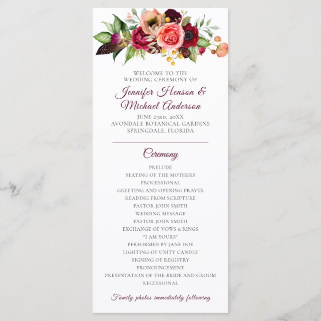 Programa de Casamento Romântico Floral Boêmio (Frente)