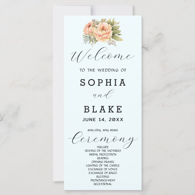 Programa de Casamento Romântico Floral Branco Azul (Frente)