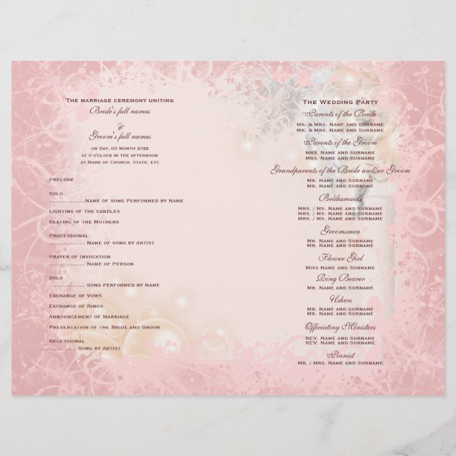 programa de casamento rosa branco caprichoso (Frente)