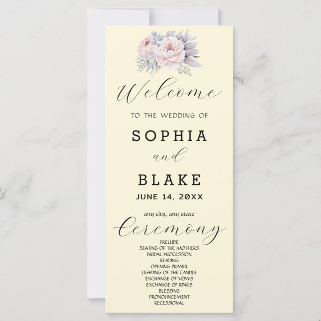 Programa de Casamento Rosa Floral Amarelo Romântic (Frente)