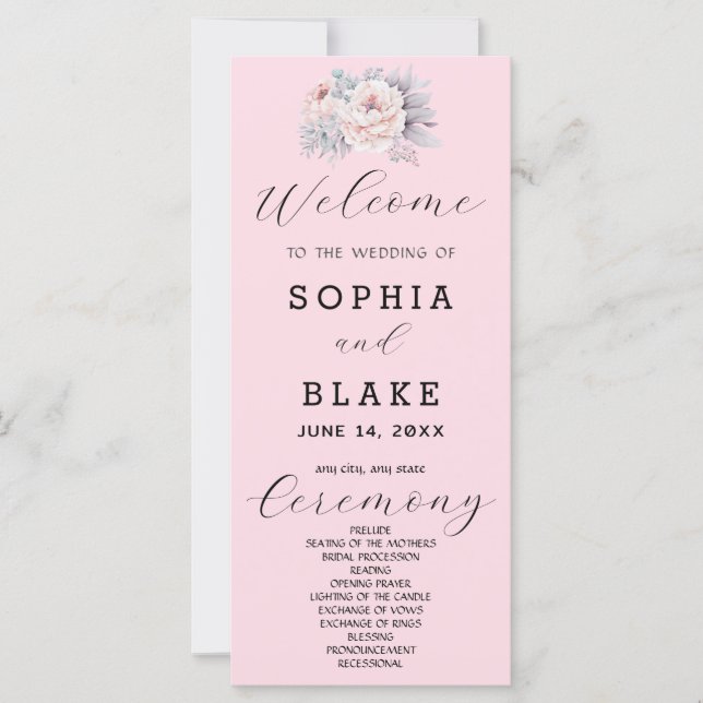 Programa de Casamento Rosa Floral Romântico (Frente)