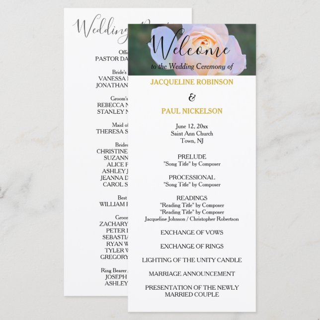 Programa de Casamento Rosas Rosa Pastel Nomes em D (Frente/Verso)