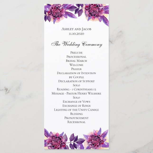Programa de casamento roxo. Cerimônia de flores aq (Frente)