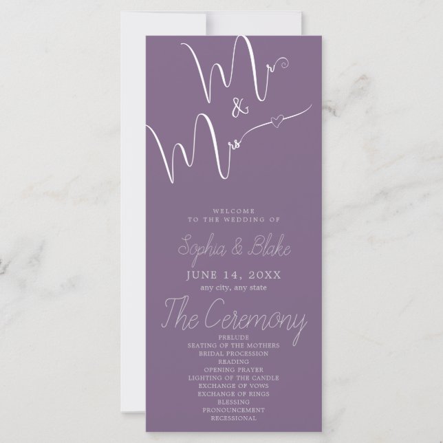 Programa de Casamento Roxo Desbotado Mr & Mrs Mini (Frente)