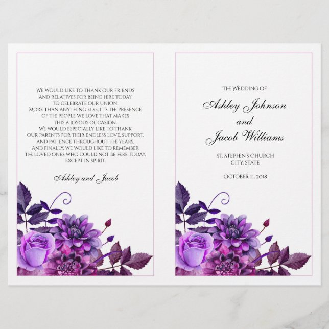 Programa de casamento roxo dobrado. Cerimônia na i (Frente)