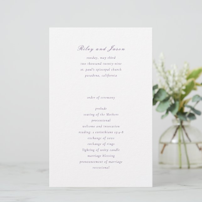 Programa de Casamento Roxo Elegante Limpo (Em pé/Frente)