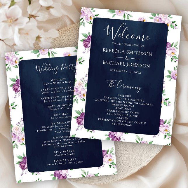 Programa de Casamento Roxo Floral Rústico Azul Mar (Criador carregado)