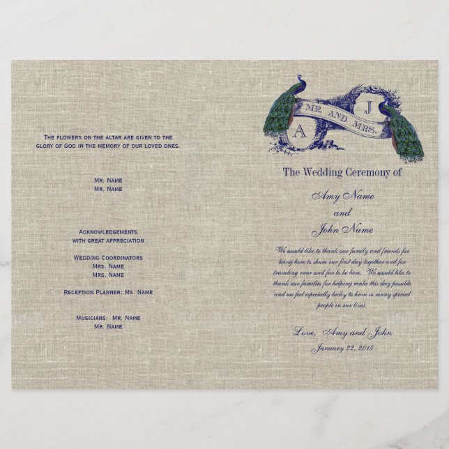 Programa de Casamento Russo Burlap Linen Peacocks (Frente)