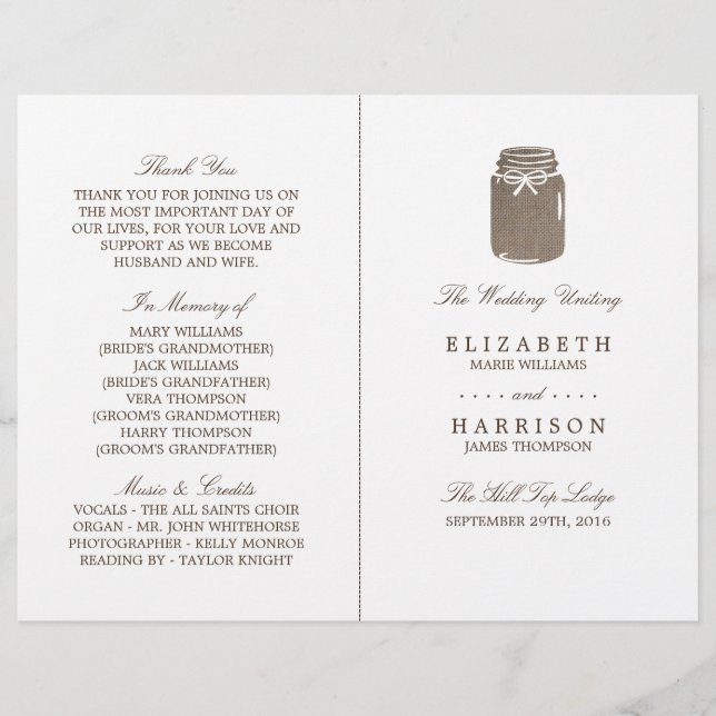 Programa de Casamento Rustic Burlap Mason Jar (Frente)