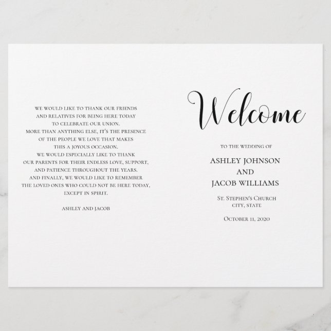 Programa de casamento simples preto e branco dobra (Frente)