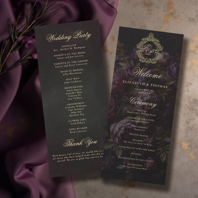 Programa de Casamento Sombrio Vitoriano com Crista (moody wedding program victorian antique lace crest dark burgundy purple peony floral gold)