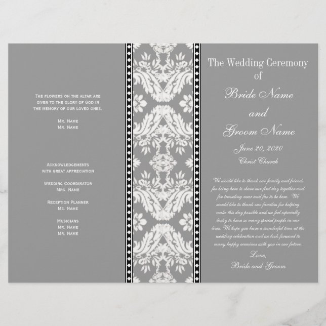 Programa de Casamento tema damasco Branco da Cinza (Frente)
