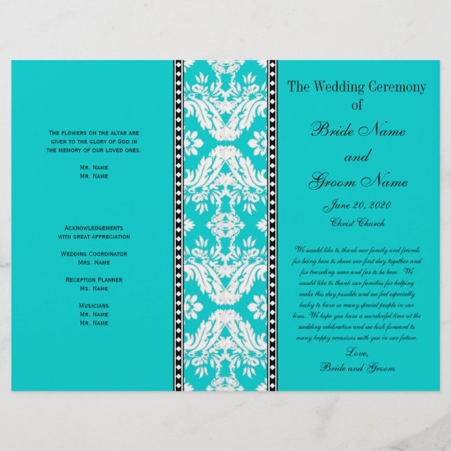 Programa de Casamento tema damasco Branco de Aqua (Frente)